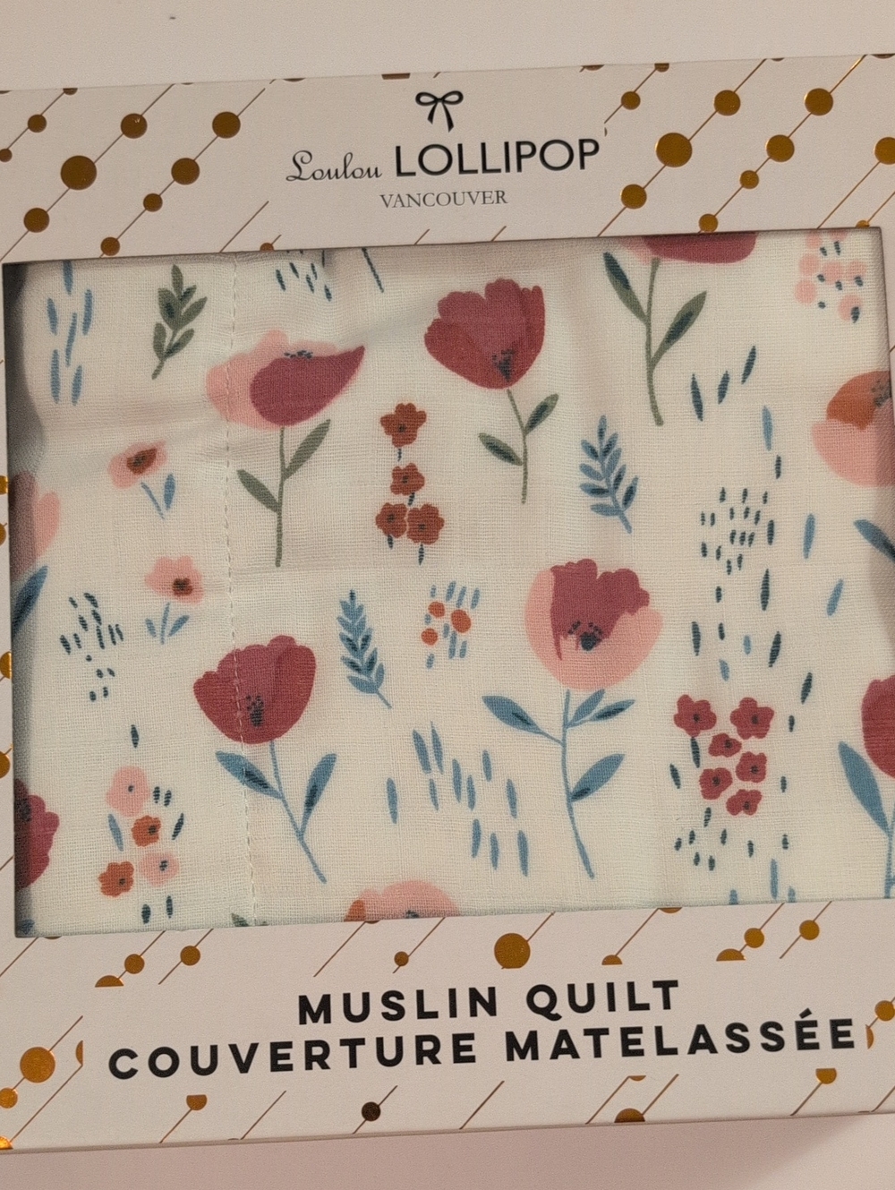 Loulou Lollipop Muslin Quilt - Cream with Pink and Blue Accents 47x47